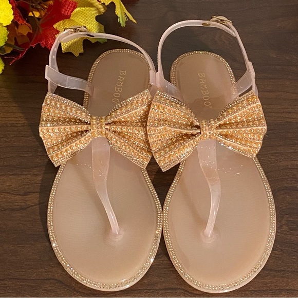 BAMBOO Rose Gold/ Nude Pearl Bow Sparkle Jelly Thong Sandal size 10 - Picture 2 of 8